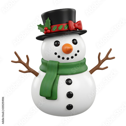 Cute 3D Snowman with Top Hat and Scarf
