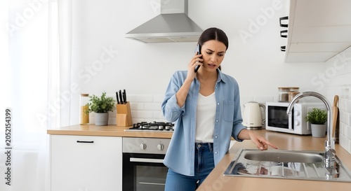 Young woman talking on phone in modern kitchen, looking at sink, possibly dealing with a plumbing issue or home repair.