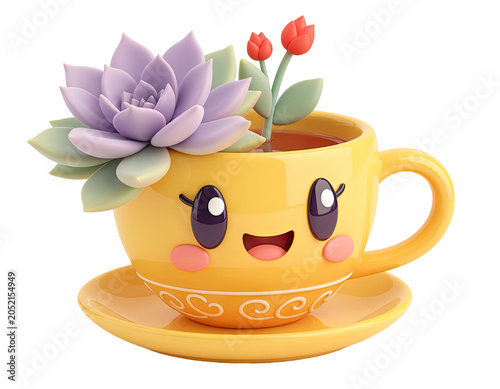Cute Kawaii Yellow Teacup with Succulent and Flowers