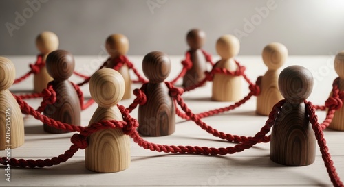 International friendship day concept wooden figures connected by red rope
