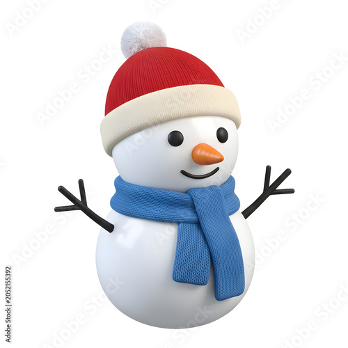 Cute Snowman Wearing a Red Hat and Blue Scarf