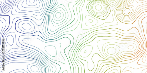 A topographic map with contour lines in a gradient of blue, green, and yellow, illustrating elevation changes across a landscape.