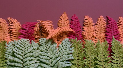 Dense fern fronds in colorful hues forming a horizontal botanical border against a maroon background for organic branding, nature-inspired web design and floral posters