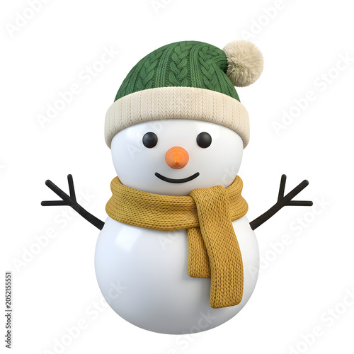 Cute Snowman Wearing a Green Knitted Hat and Yellow Scarf
