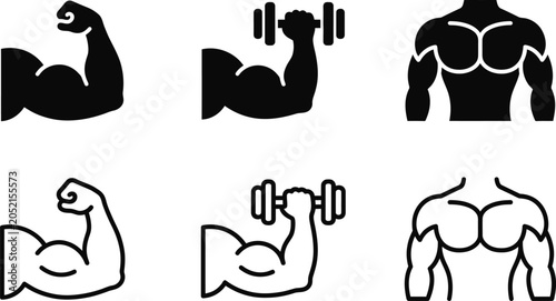 Tableau sur toile muscle icon set with black silhouette fitness poses and flexing body shapes vect