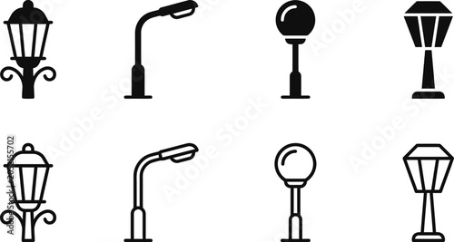 Fotografía street lamp icon silhouette collection with black lantern and lamp post symbols