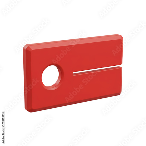 Red rectangular tag with circular hole and slot