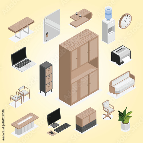Fotografie Isometric office elements cabinet furniture and work equipments gadgets sofa and