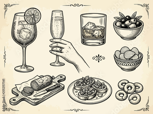 Canvastavla Vintage Hand-Drawn Italian Aperitivo and Cocktail Illustration Set with Prosecco