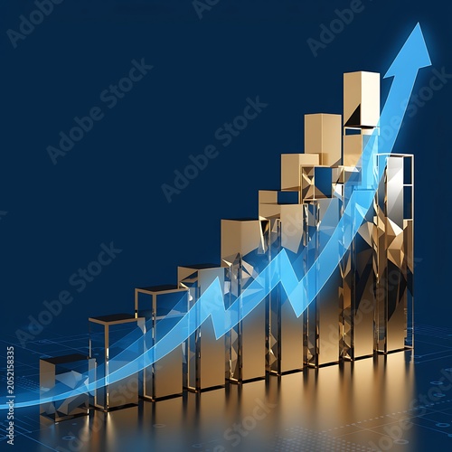 3D render of financial bar chart showing steady growth with a dynamic glowing blue trend line on a dark background business investment analysis corporate statistics strategy planning