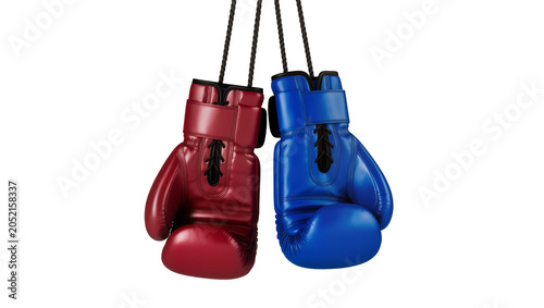 Foto Red and blue boxing gloves hanging by ropes