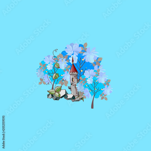 Castle in garden with flowering trees on blue sky background
