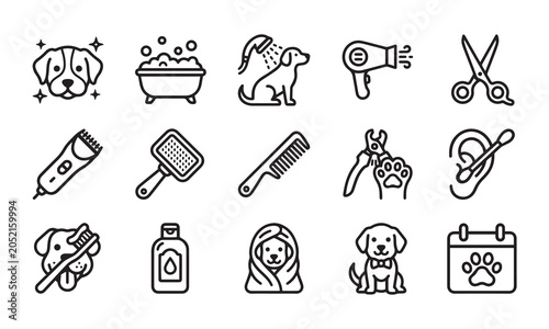 Fotografie Pet grooming and dog hygiene icons set featuring professional salon tools line art