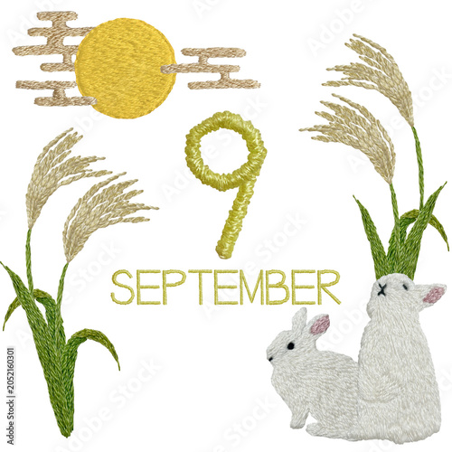 手刺繍のススキとウサギと満月の9月