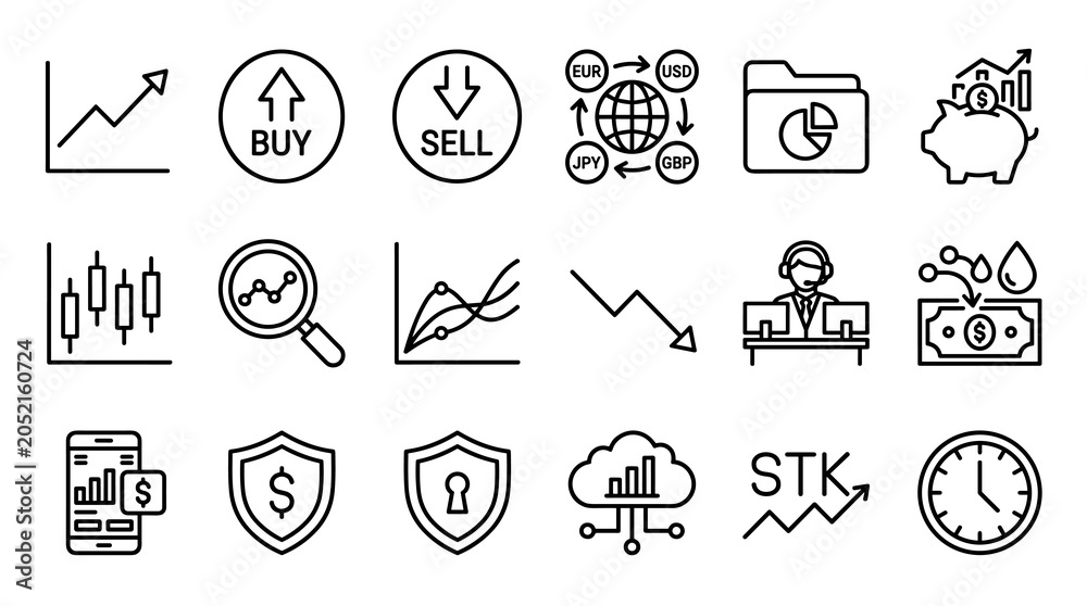 Fototapeta premium Stock Trading and Investment Line Icons Set, Minimal Monoline Buy Sell, Market Analysis and Financial Security Vector Collection