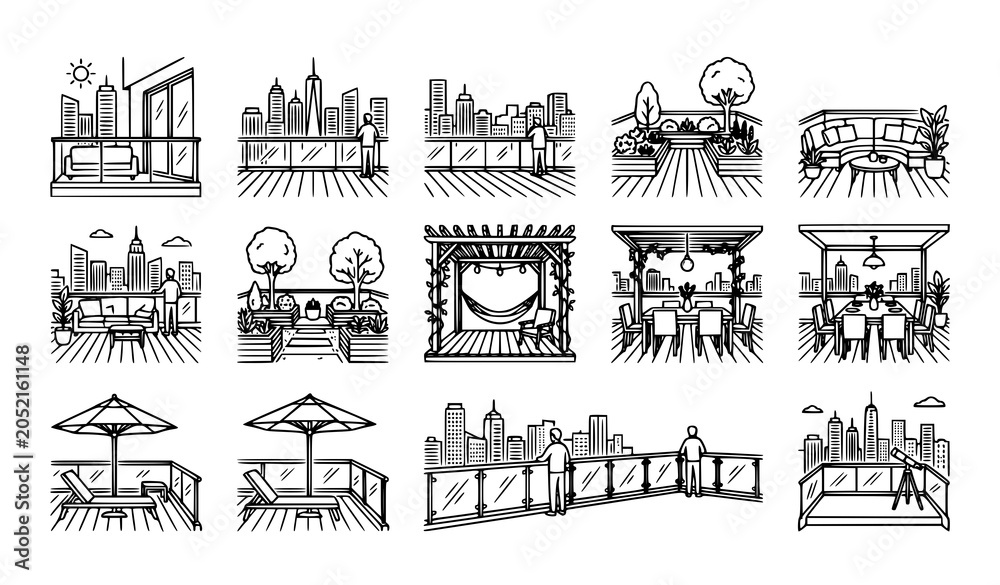 Obraz premium Penthouse Balcony Outline Icons Vertical Rooftop Vector Set
