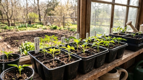 Seedlings Growing in Wooden Boxes on Sunny Veranda