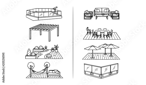 Fotografie Luxury Rooftop Terrace Icons Linear Architecture Vector Collection