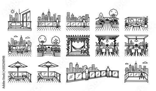Bild auf Leinwand Penthouse Balcony Outline Icons Vertical Rooftop Vector Set