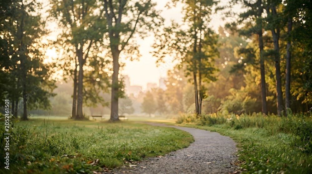 Naklejka premium A winding gravel path through a sunlit grassy park with tall trees in the golden hour.