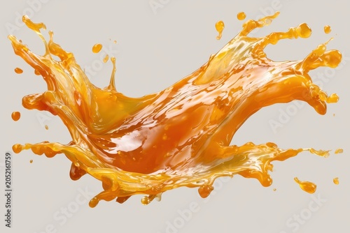 Orange juice splash exploding with dynamic droplets on a neutral studio background in a sharp focus macro shot for beverage advertising marketing