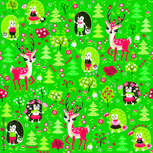 Deer, hedgehogs and birds in spring forest. Bright seamless pattern
