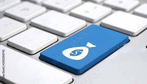 Blue key with money bag icon sits on white keyboard. Modern tech meets finance in minimalist design
