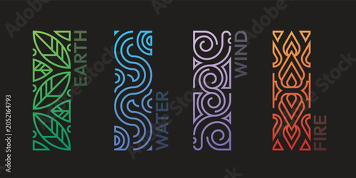 The Four nature elements - Earth Water wind and fire with abstract linear rectangle shape on black background vector design