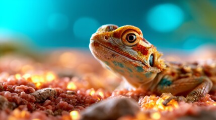 Closeup of a Vibrant Lizard on Bright Desert Sand with Glowing Peach Tones and Airy Background