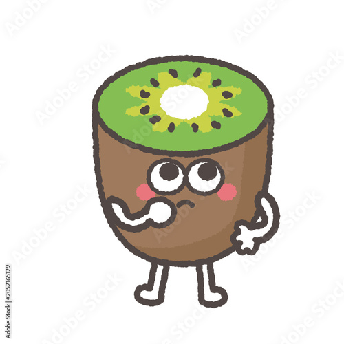 口に手を当てて考えるかわいいグリーンキウイのキャラクター