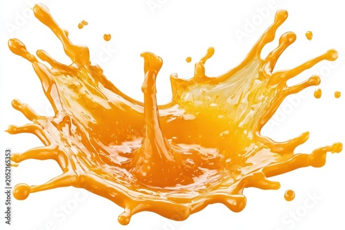 Orange juice splash bursting in a vibrant crown shape isolated on white in a sharp macro shot for beverage marketing and commercial advertising