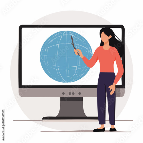 Woman presenting globe on computer screen
