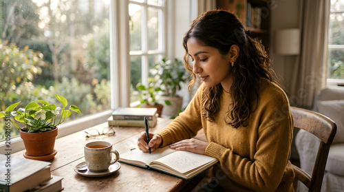 Young woman journaling at window with morning light, mindfulness and mental wellness concept