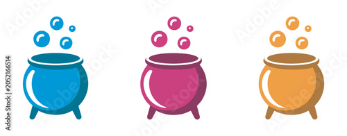 Konstfotografi Magical potion cauldron icons set, colorful bubbling brew process collection, fa