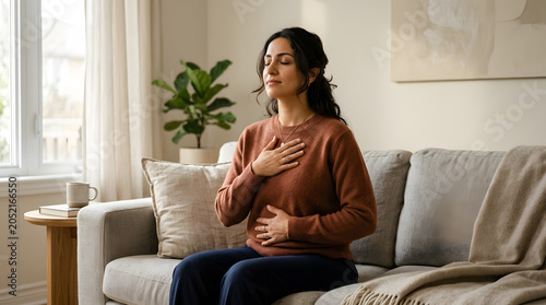 Woman practicing breathwork with hand on chest, mindful breathing and stress management concept