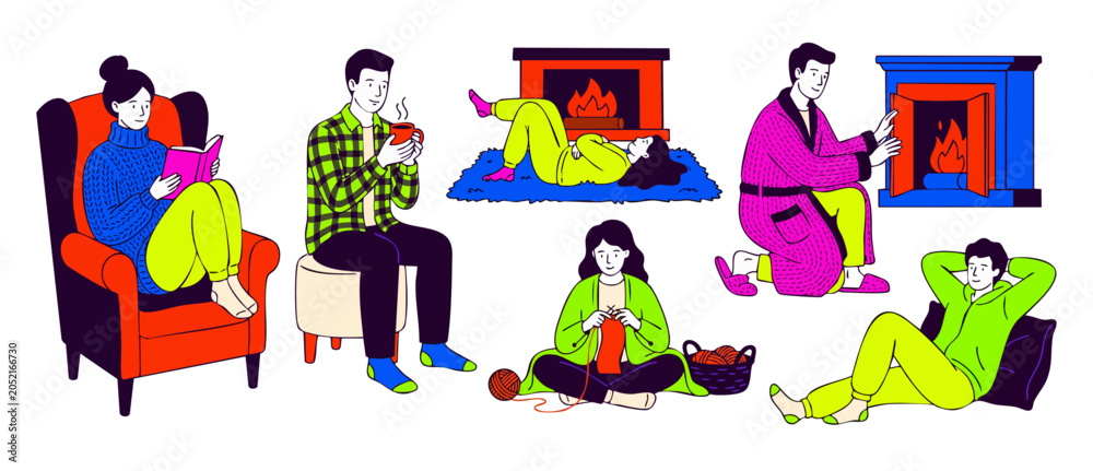 Obraz premium Winter cozy home relaxation illustration set showing diverse people reading by fireplace, drinking tea, knitting, and lounging in warm clothes, ideal for hygge seasonal lifestyle vector designs.