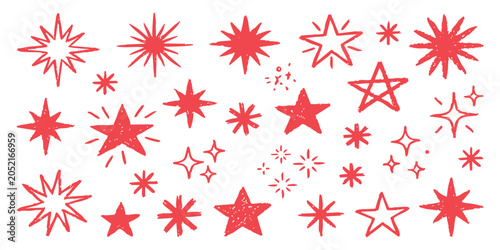 Schilderij op canvas Set of hand drawn red stars and sparkling light icons for festive design and cre