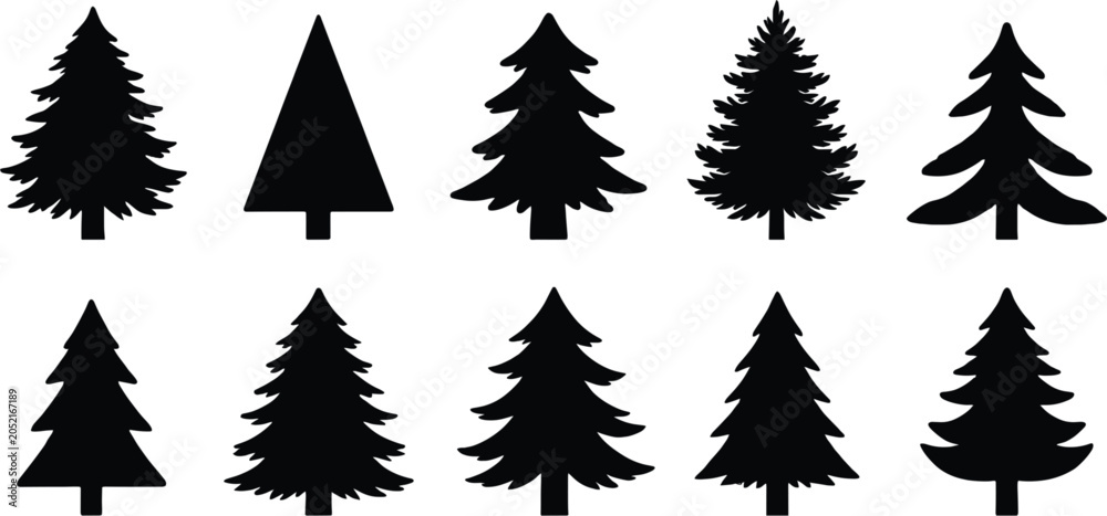 Obraz premium Pine tree silhouette vector collection isolated, evergreen forest trees and conifer nature illustration design set