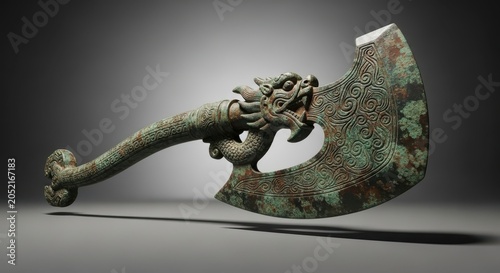 Ancient bronze battle axe with intricate dragon carving and patina, historical artifact on grey background