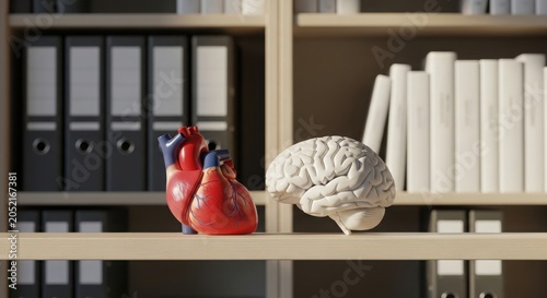 Anatomical heart and brain models on office shelf with binders and books