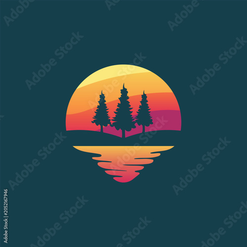 Retro Sunset Pine Tree Logo Template