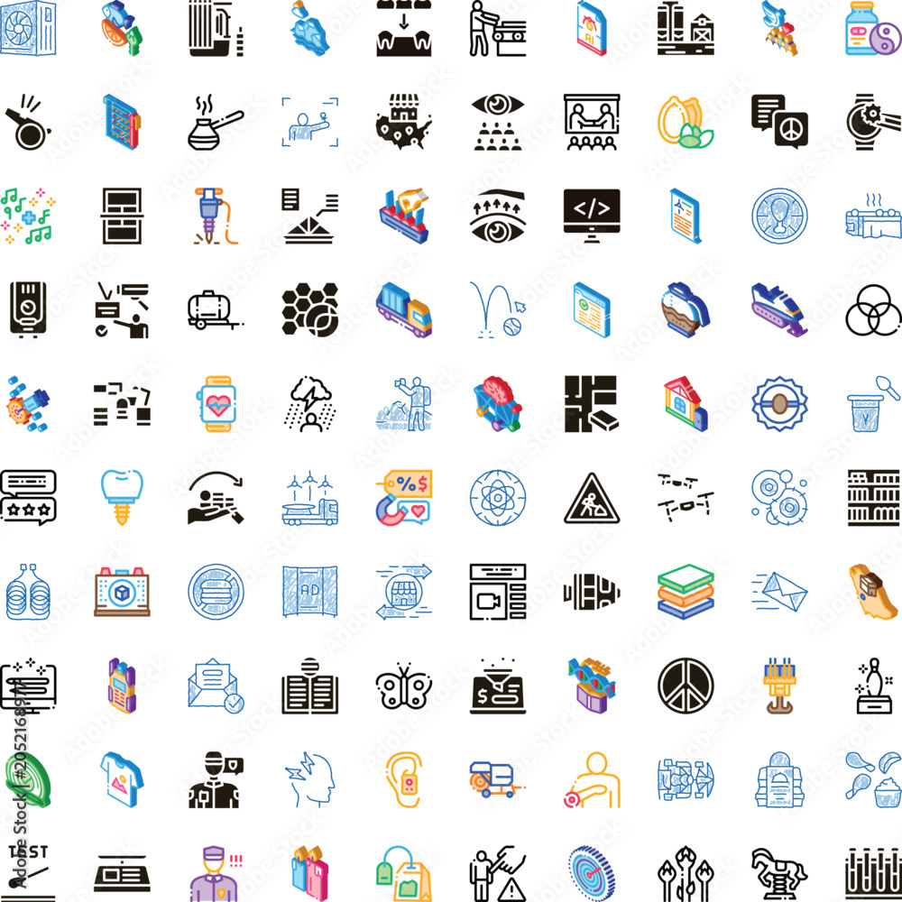 Fototapeta premium Large collection of diverse abstract icons in line art and isometric styles depicting business, technology, social, medical, sports and science concepts for various applications