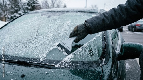 Person Scraping Frost and Ice from Car Windshield in Winter
