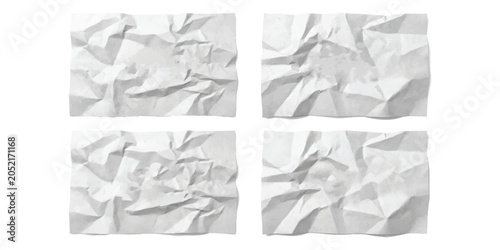Four rectangular pieces of crumpled white paper sheets with messy folds and rough texture for creative design