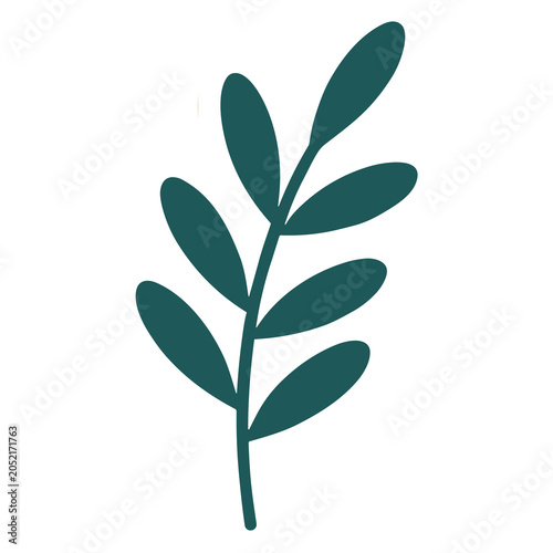 Minimalist dark green foliage illustration featuring leafy green sprig
