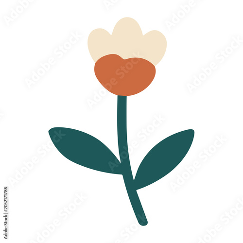 The stylized hand drawn flower with green leaves and orange flower bud