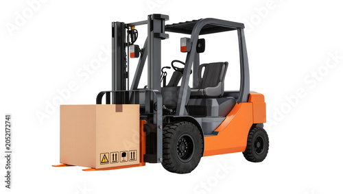 Tableau sur toile Orange and gray forklift truck lifting cardboard box
