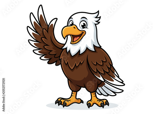Cartoon Bald Eagle Mascot Waving Hello - Patriotic American Bird Character Illustration for School Mascots, Sports Teams, and Educational Children's Graphics