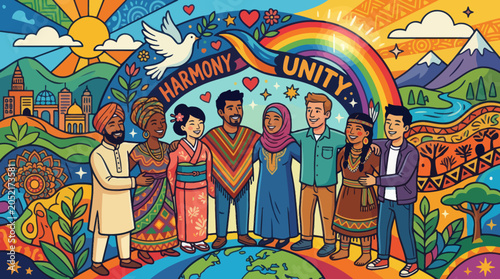 Foto Diverse group of people standing together in harmony and unity