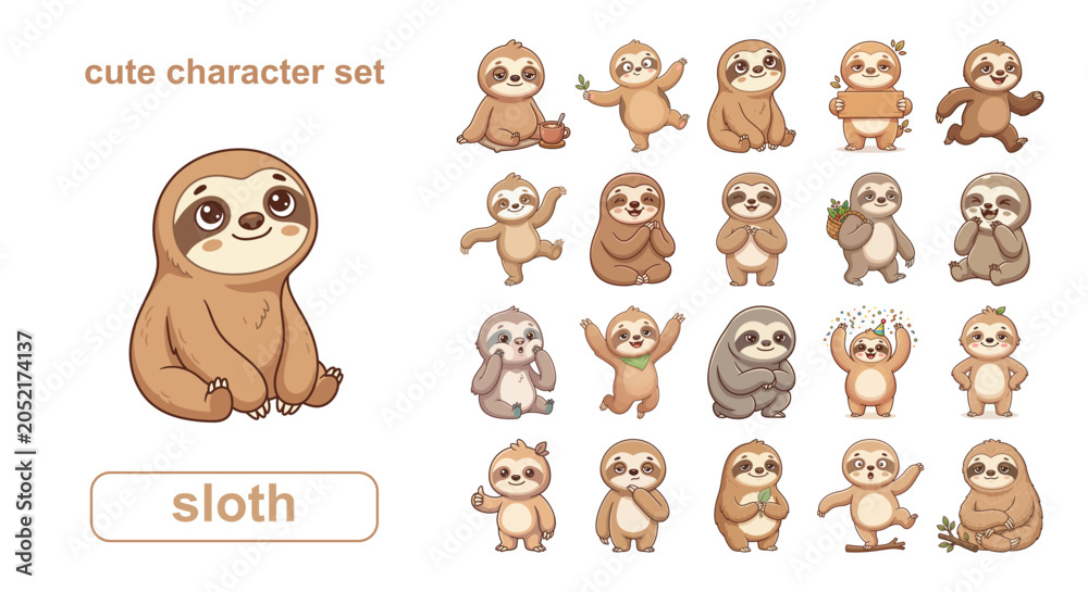 Obraz premium Cute Sloth Character Illustration Set